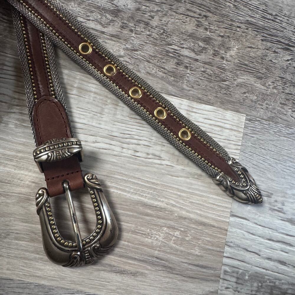 Vintage Brown Leather Chain Belt Western Boho Statement 90s Y2K Medium